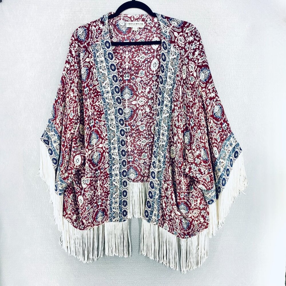Idyllwind Womens Top XL Multicolor Paisley Beaded Kimono Fringe Cowgirl Boho